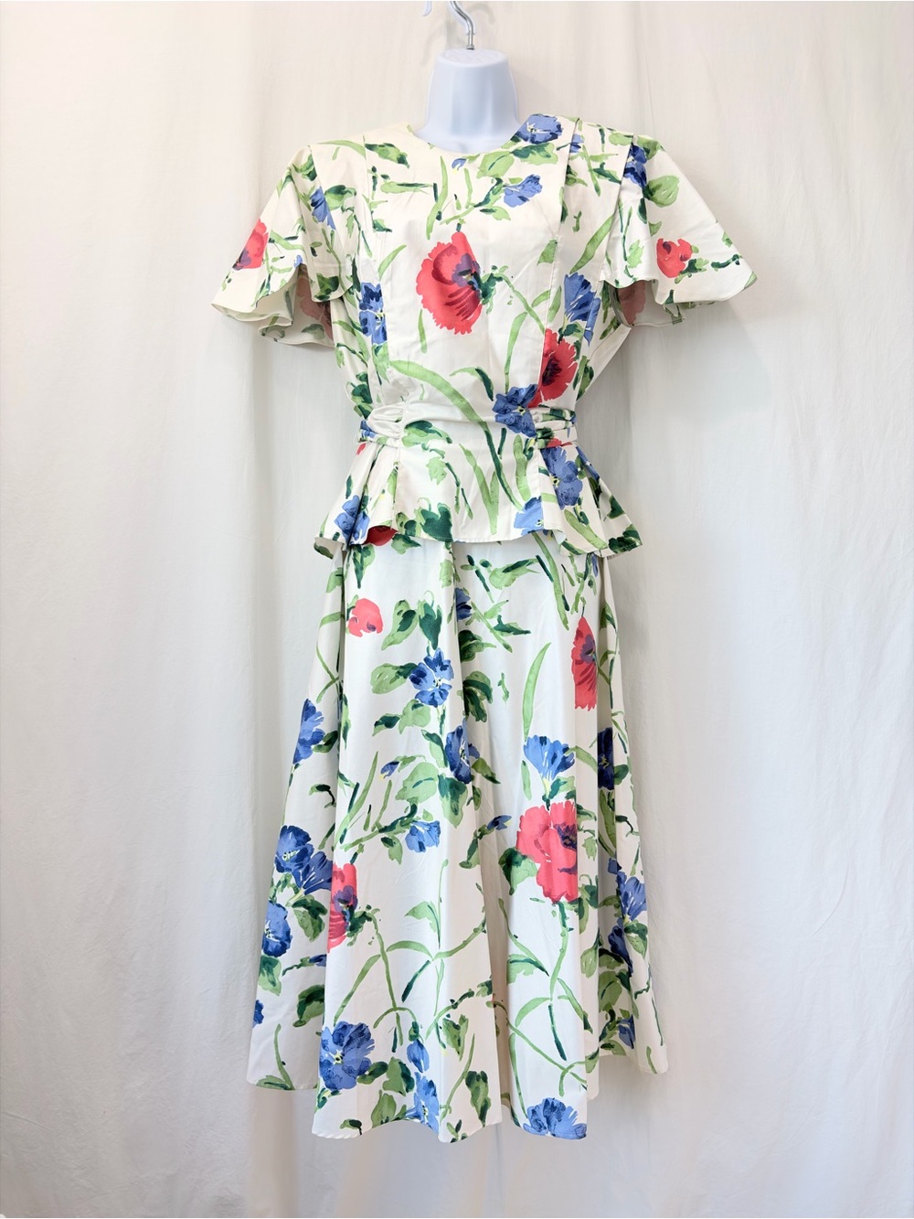 Vintage 1980s Halmode Plus White Cotton Floral Print Peplum waist sash belt 16W
